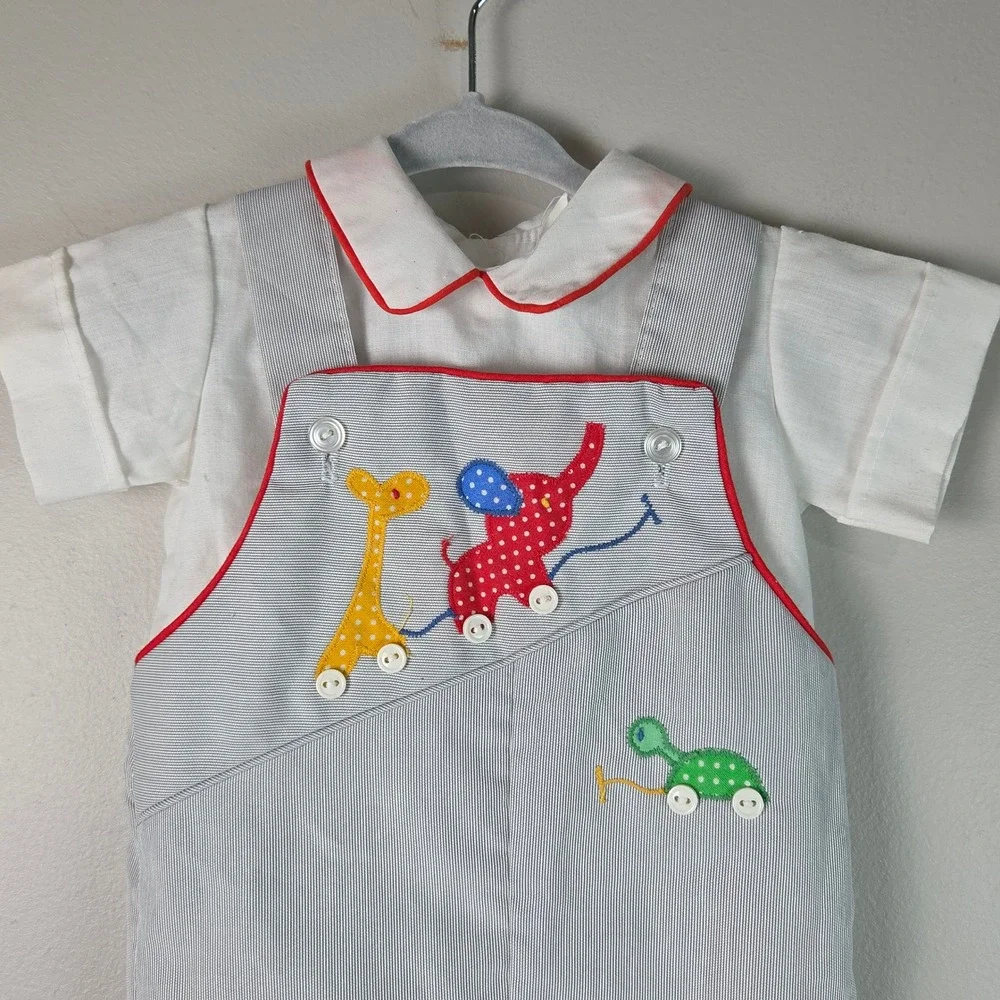 Trotter Street Vintage Overalls Set Kids 6M Blue White Good Animal Applique